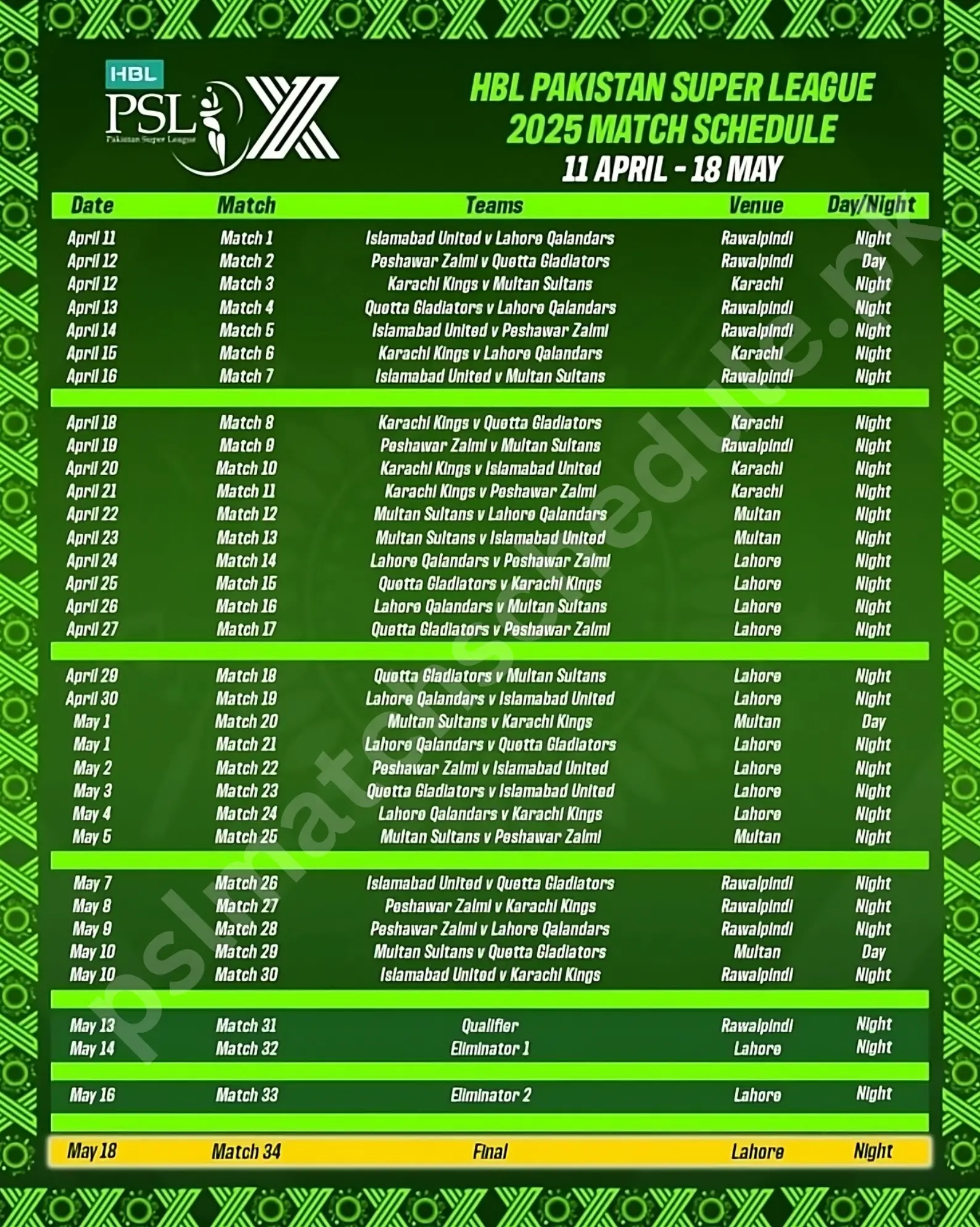 unfiltered Cricket - PSL schedule 2025 PSL X Schedule 2025